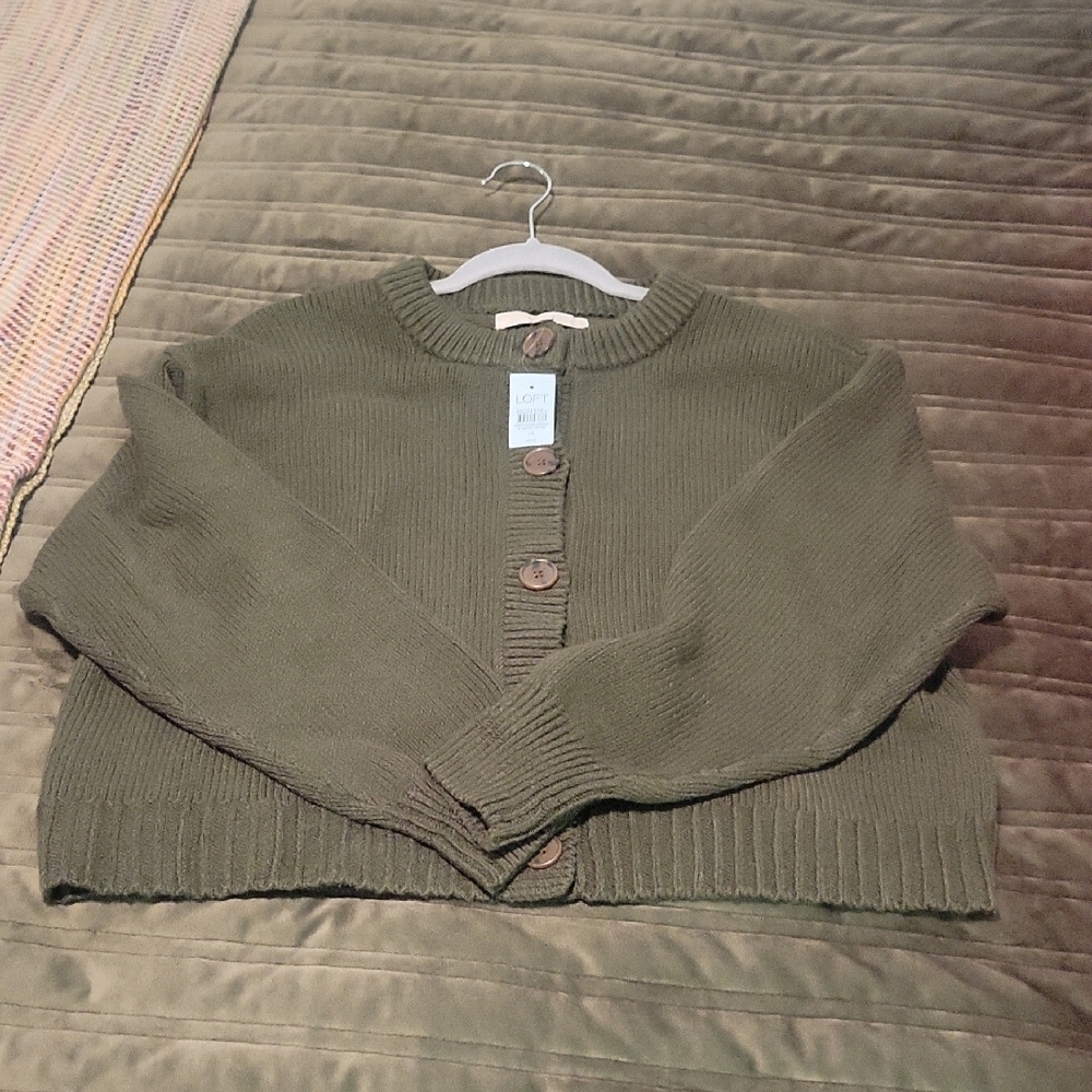 LOFT Olive Green Button-Front Crewneck Cardigan - Picture 6 of 11